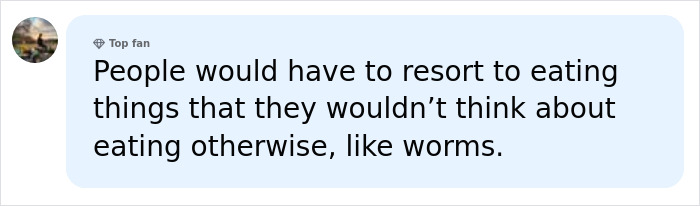 A social media comment speculating on people eating worms after a nuclear war.