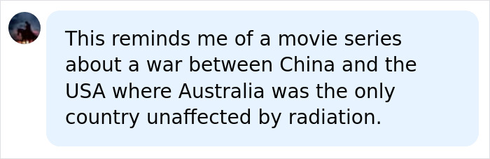 A social media comment referencing a movie where Australia was unaffected by radiation after a nuclear war.