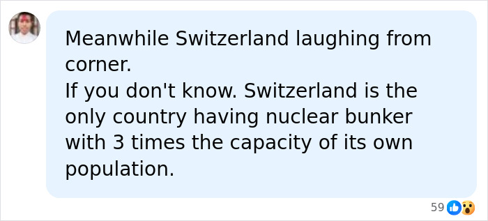 Screenshot of a comment about Switzerland's nuclear bunker capacity, relating to countries surviving nuclear war.
