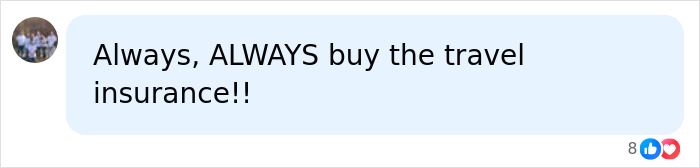 Screenshot of social media comment advising to always buy travel insurance for cruise injury and medical bill concerns. Screenshot of social media comment advising to always buy travel insurance for cruise injury and medical bill concerns.