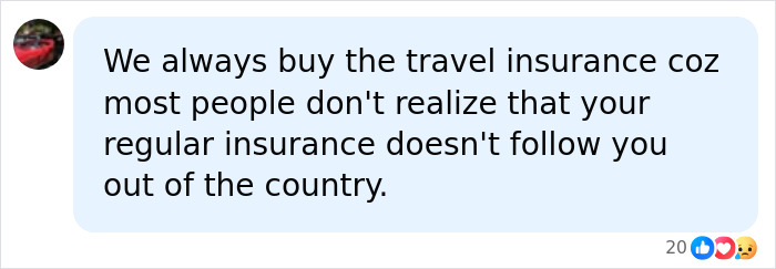 A social media comment discussing travel insurance for a cruise injury, emphasizing its importance for overseas medical bills. A social media comment discussing travel insurance for a cruise injury, emphasizing its importance for overseas medical bills.