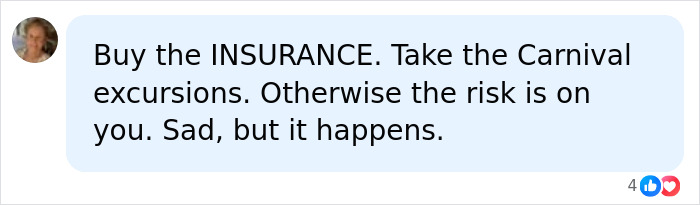 A social media comment discussing cruise injury insurance and risk, related to catastrophic cruise injury medical bills. A social media comment discussing cruise injury insurance and risk, related to catastrophic cruise injury medical bills.