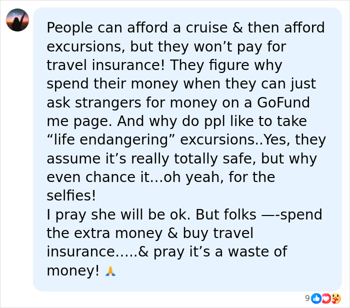 A social media comment about a cruise injury, advising to buy travel insurance for catastrophic injuries and excursions. A social media comment about a cruise injury, advising to buy travel insurance for catastrophic injuries and excursions.