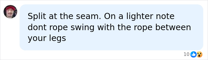A social media comment about a cruise injury, advising against rope swinging with the rope between legs. A social media comment about a cruise injury, advising against rope swinging with the rope between legs.