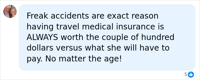 A social media comment emphasizing the importance of travel medical insurance for catastrophic cruise injury. A social media comment emphasizing the importance of travel medical insurance for catastrophic cruise injury.