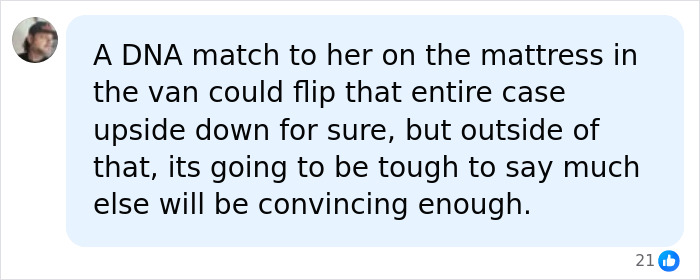 A social media comment discussing new evidence in the Scott Peterson infamous homicide case. A social media comment discussing new evidence in the Scott Peterson infamous homicide case.