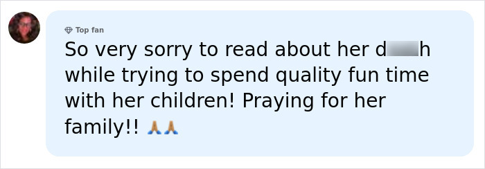 A comment bubble expressing sorrow and prayers for a mom who lost her life in a marshmallow accident.