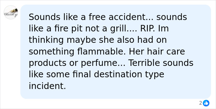 A comment on social media discussing a marshmallow accident, mentioning a fire pit and flammable items.