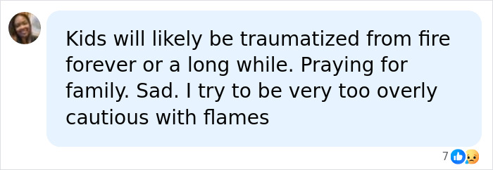 A social media comment expressing concern for kids traumatized by a marshmallow accident and caution with flames.