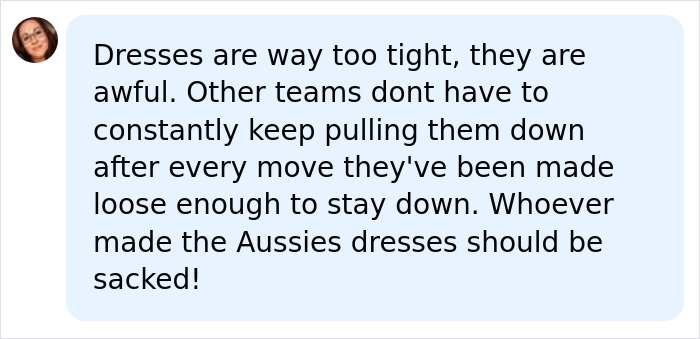 A social media comment criticizing tight, unusual uniforms for female athletes and designers responsible.