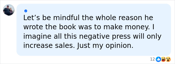 A social media comment suggesting Kate Gosselin's son Collin wrote a book for money, increasing sales. A social media comment suggesting Kate Gosselin's son Collin wrote a book for money, increasing sales.