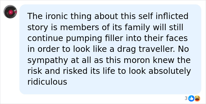 A social media comment about a mother passing away from a botched surgery, mentioning self-inflicted story and risk. A social media comment about a mother passing away from a botched surgery, mentioning self-inflicted story and risk.