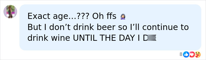 Social media comment questioning the exact age to give up beer, preferring wine for nervous system health.