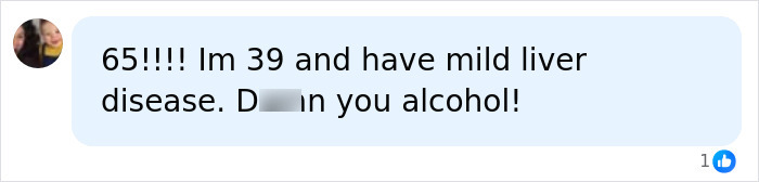 A social media comment from a 39-year-old with liver disease expressing frustration about alcohol, tied to giving up beer.