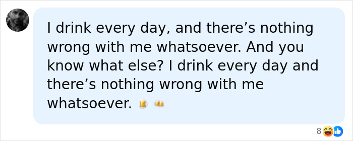 Social media comment stating daily drinking with no issues, contrasting advice about beer for the nervous system.
