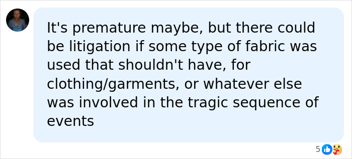 Social media comment about possible litigation regarding the marshmallow accident if inappropriate fabric was used.