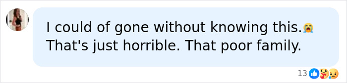 Social media comment expressing sorrow and horror for the family after the marshmallow accident.