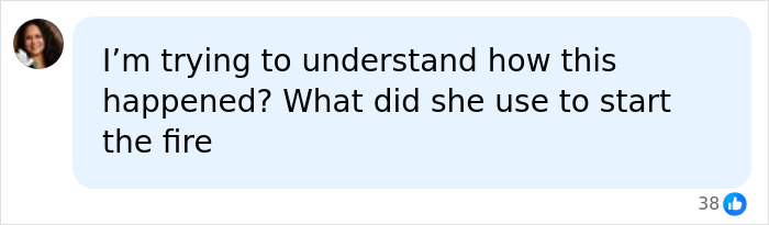 Social media comment asking how the marshmallow accident happened and what was used to start the fire.