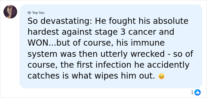 A social media comment discussing a cancer patient's immune system being wrecked, leading to infection and pneumonia. A social media comment discussing a cancer patient's immune system being wrecked, leading to infection and pneumonia.