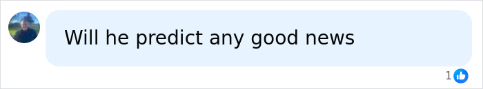 A social media comment from a user asking, Will he predict any good news regarding the expert's AI warning.