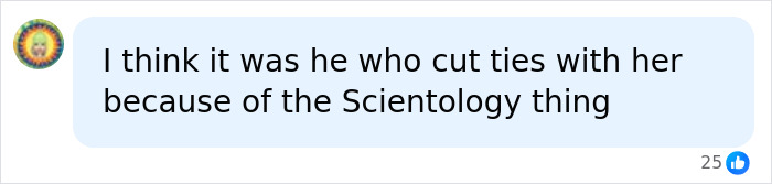 Screenshot of a social media comment implying Tom Cruise cut ties due to Scientology.