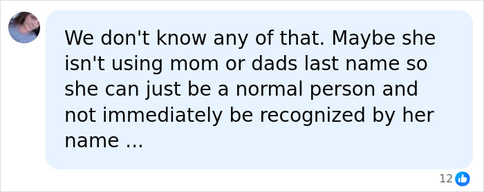 Screenshot of a social media comment speculating Suri Cruise might not be using her parents' last names for privacy.