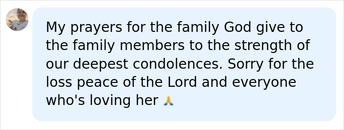 A social media comment offering prayers for Hannah Rapp's family during her memorial, expressing condolences and strength for their loss.