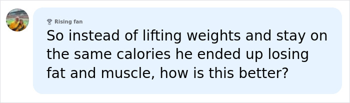 A comment questioning the fat camp's method, comparing it to lifting weights for a before-and-after transformation. A comment questioning the fat camp's method, comparing it to lifting weights for a before-and-after transformation.