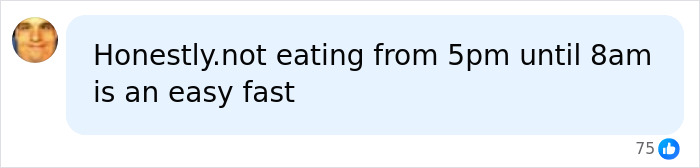 A comment bubble suggesting not eating from 5 pm until 8 am is an easy fast, discussing the Chinese fat camp experience. A comment bubble suggesting not eating from 5 pm until 8 am is an easy fast, discussing the Chinese fat camp experience.