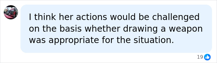 Screenshot of a comment questioning the appropriateness of drawing a weapon in the Walmart parking lot video incident. Screenshot of a comment questioning the appropriateness of drawing a weapon in the Walmart parking lot video incident.