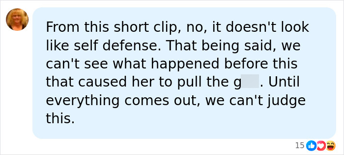 A comment analyzing the Walmart parking lot video, stating it doesn't look like self-defense without full context. A comment analyzing the Walmart parking lot video, stating it doesn't look like self-defense without full context.