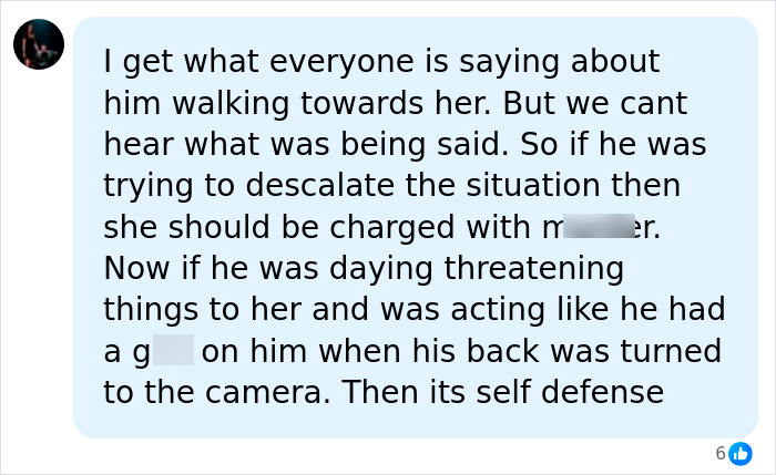 A comment discussing the Walmart parking lot video, considering charges based on escalation or self-defense. A comment discussing the Walmart parking lot video, considering charges based on escalation or self-defense.