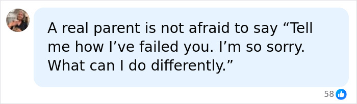 A text message showing a comment about a parent's claims about a child's horrifying childhood. A text message showing a comment about a parent's claims about a child's horrifying childhood.