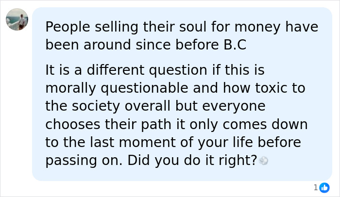 A social media comment discussing people selling their soul for money and the morally questionable father-son adult content creators. A social media comment discussing people selling their soul for money and the morally questionable father-son adult content creators.