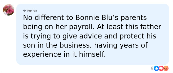 A social media comment comparing father-son adult content creators to Bonnie Blu's parents, discussing the father's advice. A social media comment comparing father-son adult content creators to Bonnie Blu's parents, discussing the father's advice.