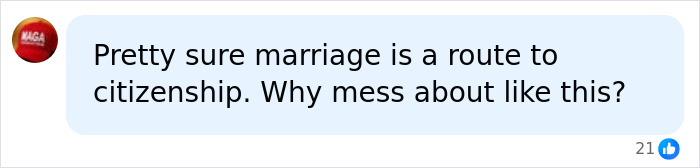 A social media comment about marriage being a route to citizenship, relating to the Canadian woman's case. A social media comment about marriage being a route to citizenship, relating to the Canadian woman's case.