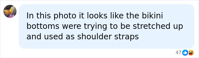 A social media comment discussing Stassi Schroeder's bikini bottoms during her SI Swimsuit Runway, referencing SpongeBob comparisons.
