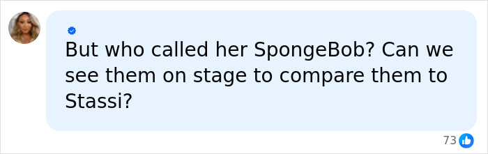 A social media comment discussing SpongeBob Comparisons after SI Swimsuit Runway. Image of text: But who called her SpongeBob? Can we see them on stage to compare them to Stassi?