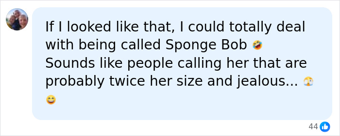 A social media comment discussing SpongeBob Comparisons after SI Swimsuit Runway. Image of text: If I looked like that, I could totally deal with being called Sponge Bob Sounds like people calling her that are probably twice her size and jealous...