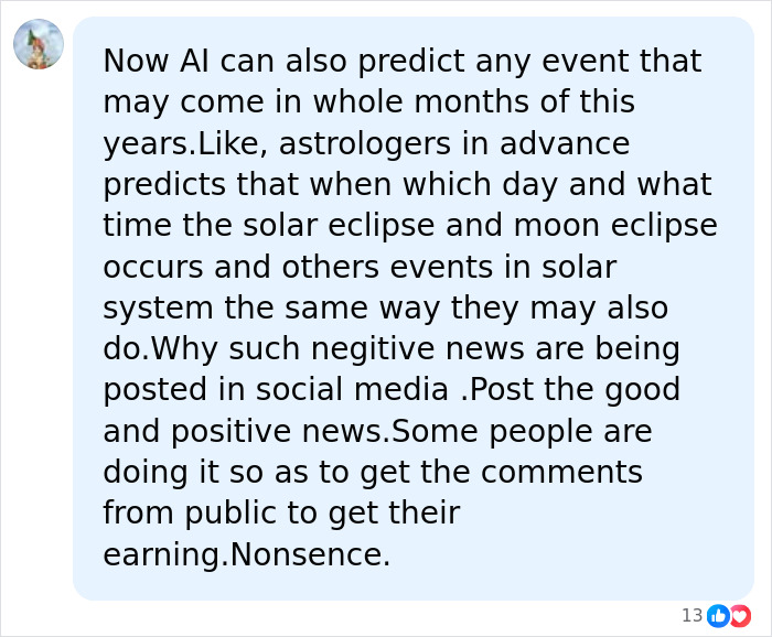 A comment suggesting AI can predict events like astrologers, questioning negative news about the woman who predicted 9/11.