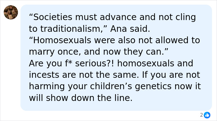 A comment about half-siblings with children together: Homosexuals and incest are not the same, genetics will show. A comment about half-siblings with children together: Homosexuals and incest are not the same, genetics will show.