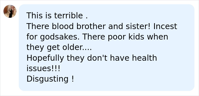 A social media comment expressing concern for children's health in a half-sibling marriage controversy. A social media comment expressing concern for children's health in a half-sibling marriage controversy.