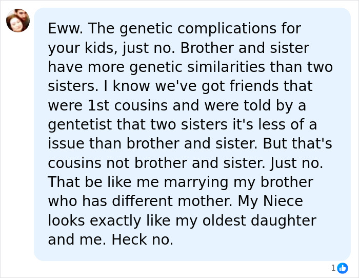 A social media comment on the half-siblings controversy, highlighting genetic complications for children and the demand to marry. A social media comment on the half-siblings controversy, highlighting genetic complications for children and the demand to marry.