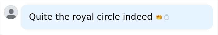 A chat message stating, Quite the royal circle indeed 👑💍, related to a fairytale wedding. A chat message stating, Quite the royal circle indeed 👑💍, related to a fairytale wedding.