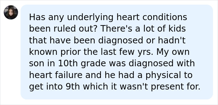 A comment asking about underlying heart conditions in the Nolan Wells case, raising questions about preliminary autopsy results.