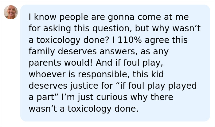 A detailed social media comment questioning the lack of toxicology and demanding answers for the Nolan Wells case preliminary autopsy.