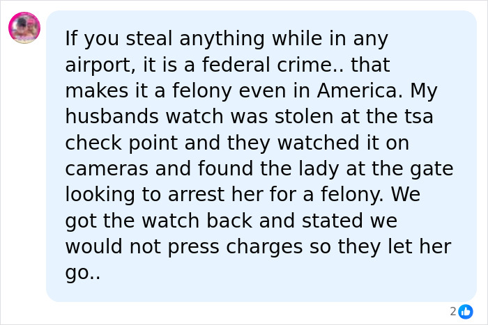 Screenshot of a comment from Mom Breaks Silence post discussing airport crime and felony charges.