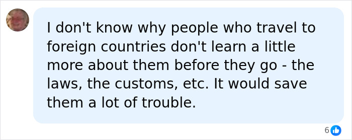 A social media comment about a teen son facing jail in Thailand for airport crime, suggesting research on foreign country laws.