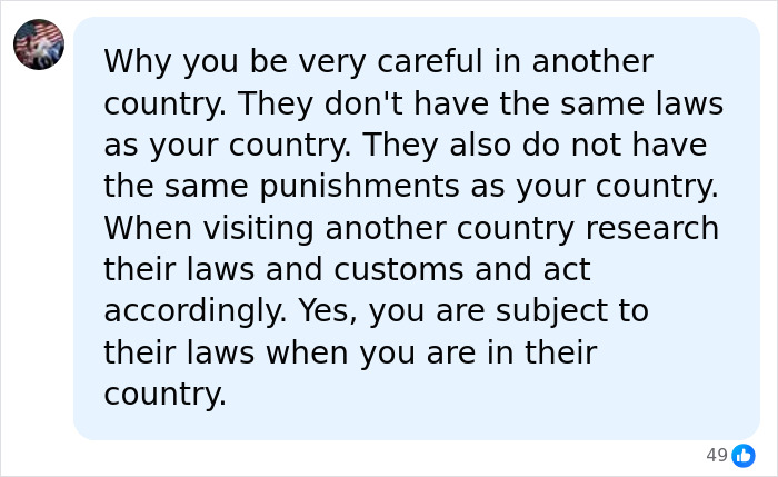 A social media comment about a teen son facing jail in Thailand for airport crime, urging caution in other countries laws.