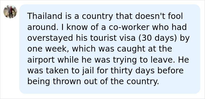 Screenshot of a comment from Mom Breaks Silence post describing strict Thai jail for airport crime and visa overstay.